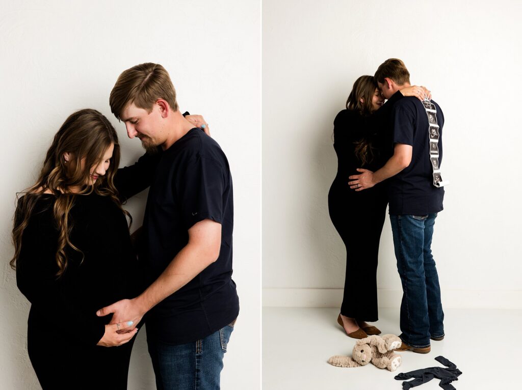 Couple standing belly to belly looking down at the pregnant belly.