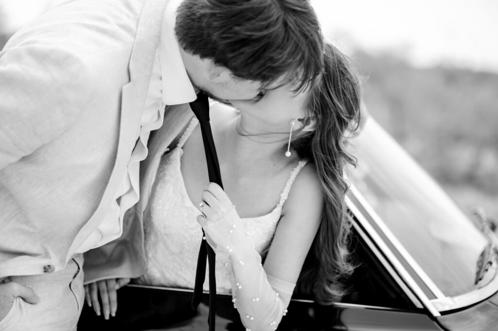 black and white wedding photo of bride and groom in Texas