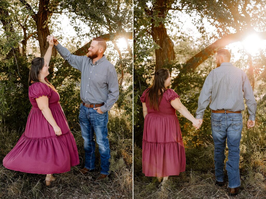 husband spinning wife in pink dress in front of trees then holding hands