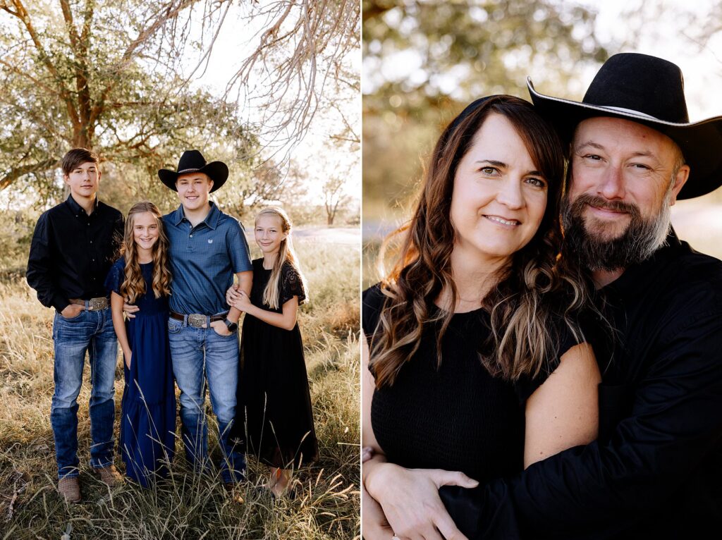 brothers and sisters standing arm and arm smiling at the camera during family session and dad hugging mom from behind smiling