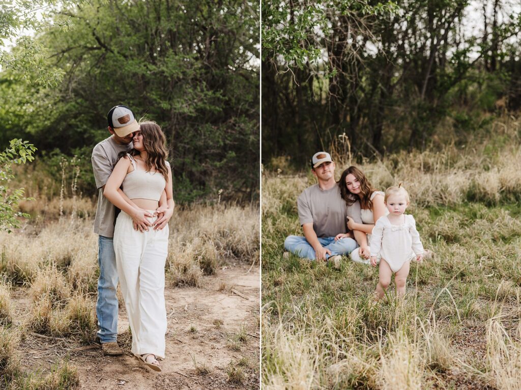 portrait of the couple and a portrait of the family of three. Mom wearing a creme tube top with creme linen bottoms.