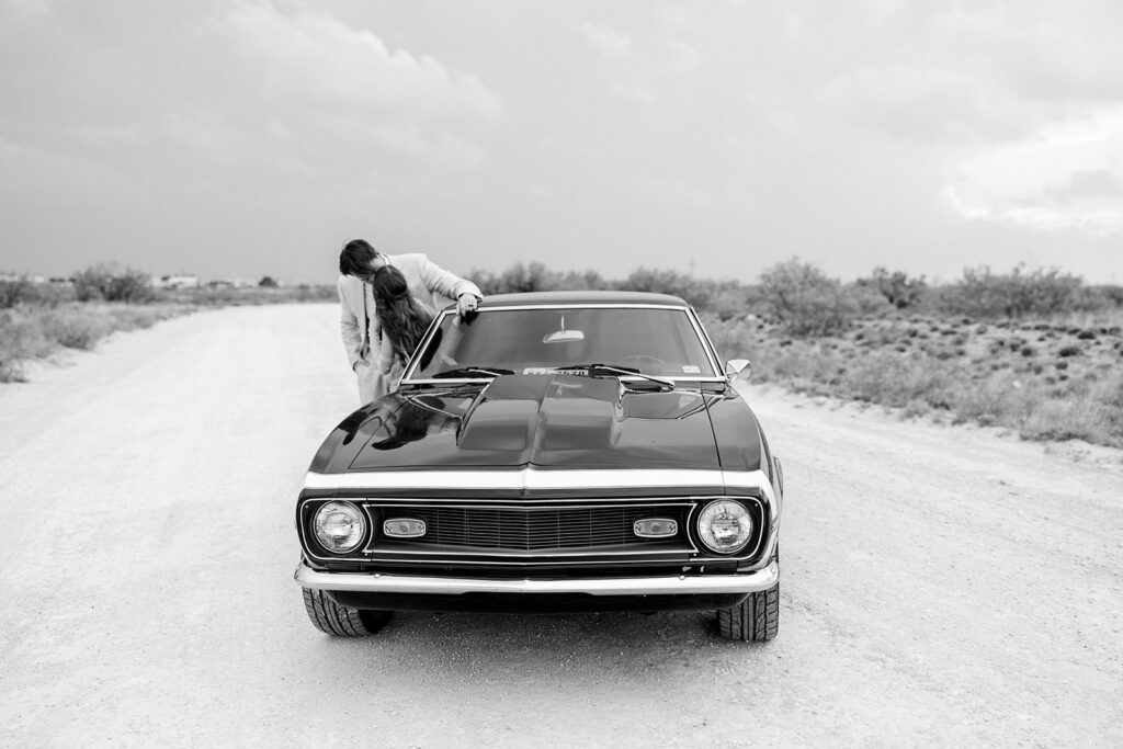 black and white wedding photo of bride and groom in Texas