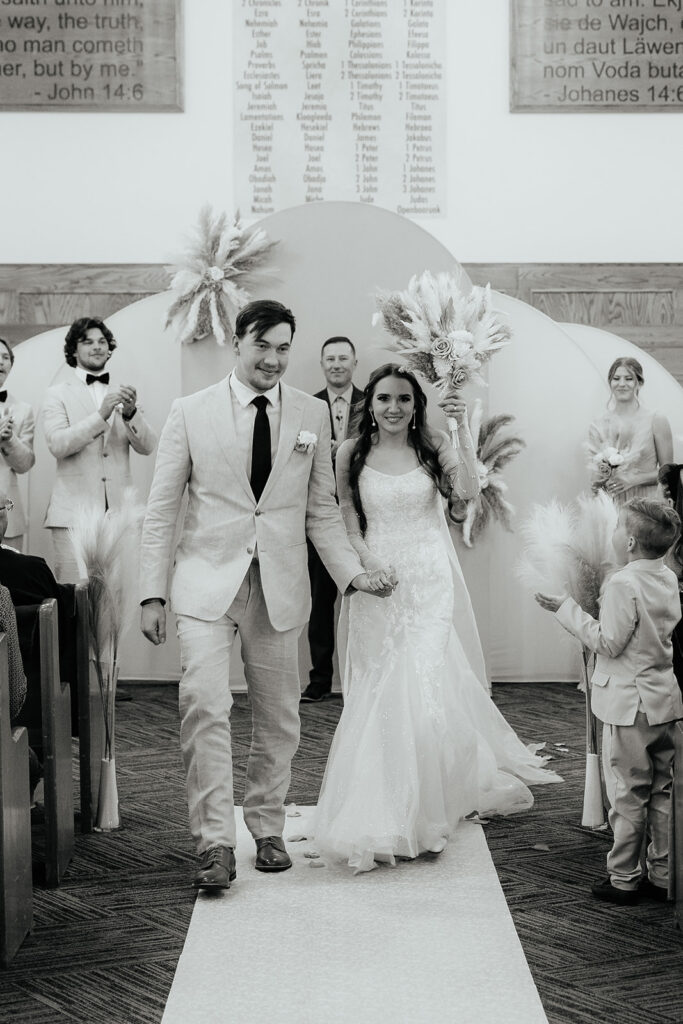 black and white wedding photo of bride and groom in Texas