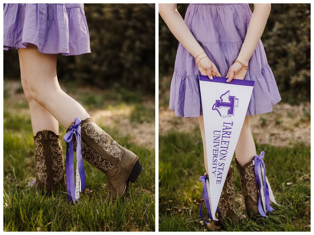 close up of senior girl in purple dress with cowgirl boots and purple bow on left and on right holding university sign