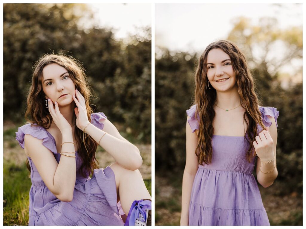 senior girl in purple dress posing for lubbock photographer Mary Wiebe photography with hands on face on left and hand in hair on right
