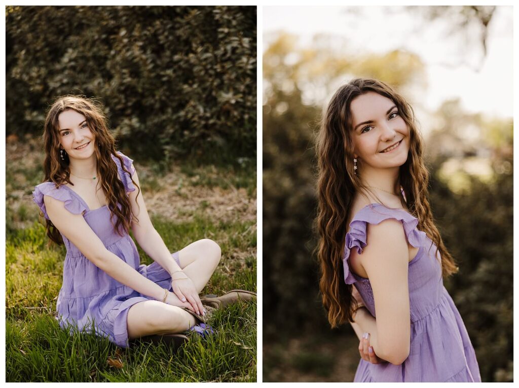 senior girl in purple dress sitting criss cross in grass on left and looking to the side at camera on right posing for senior lubbock photographer Mary Wiebe Photography
