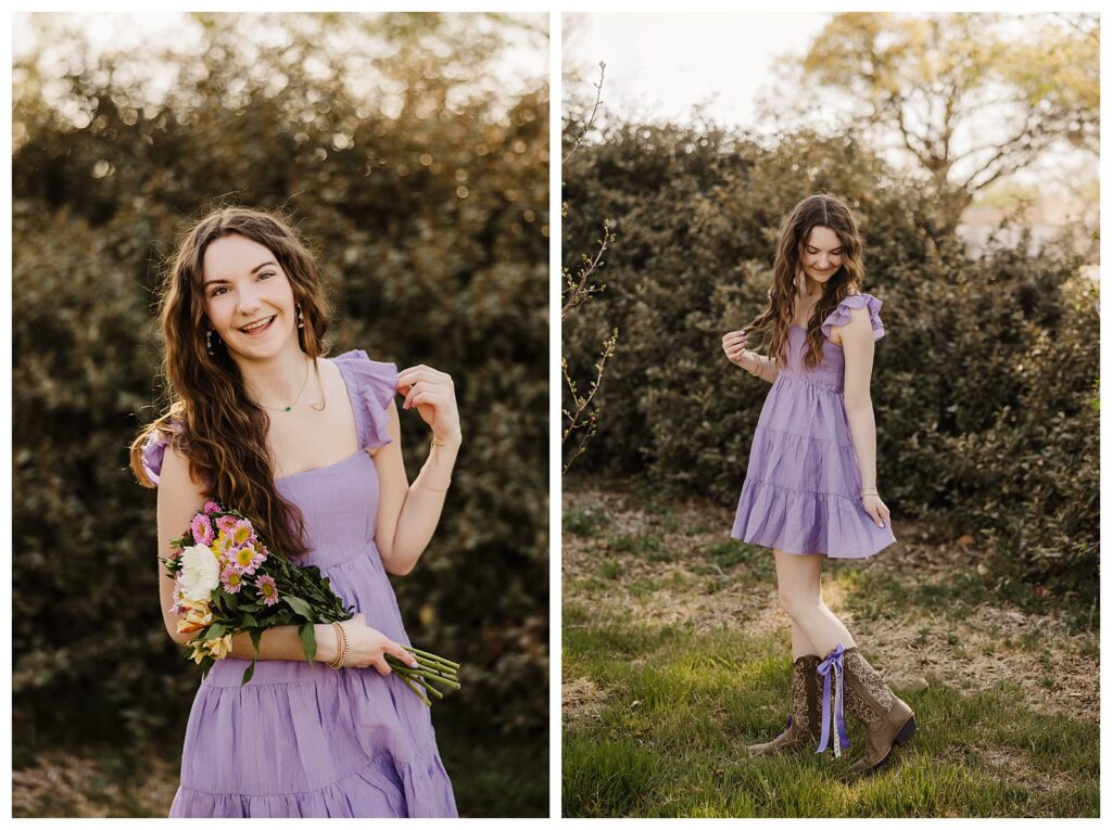 senior girl in purple dress holding flowers smiling at camera on left and holding dress looking down on right 
