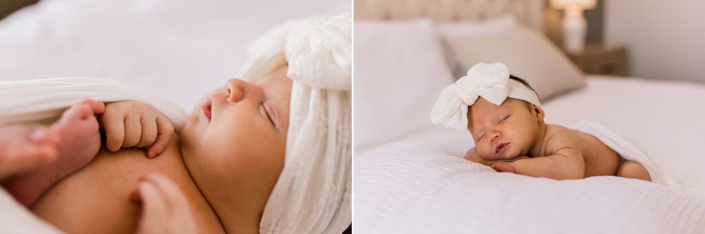 Newborn photos of a little girl in a white bow wrapped in a swaddle.