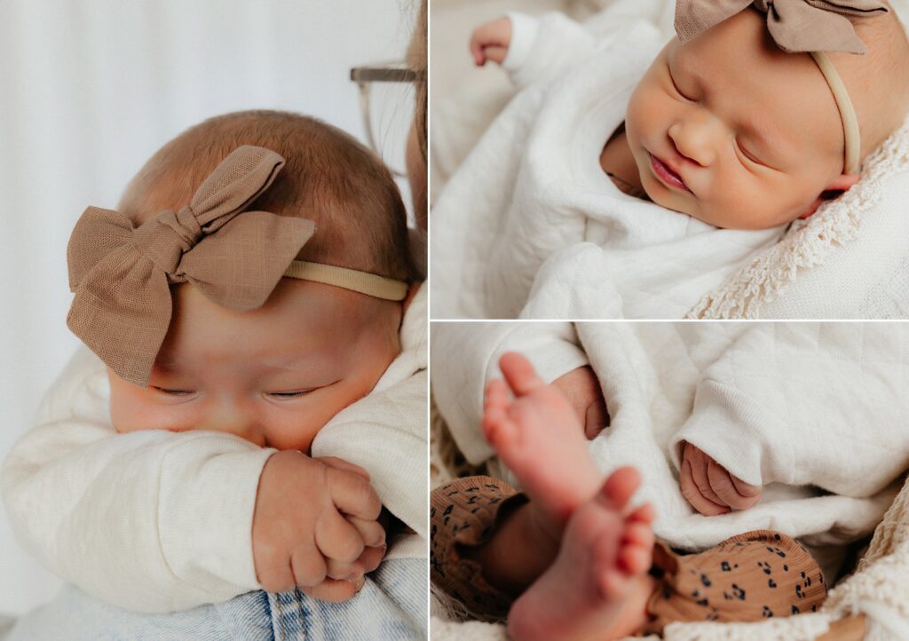 Newborn session taken in Lubbock home. Newborn is cuddled against mom with eyes closed. 