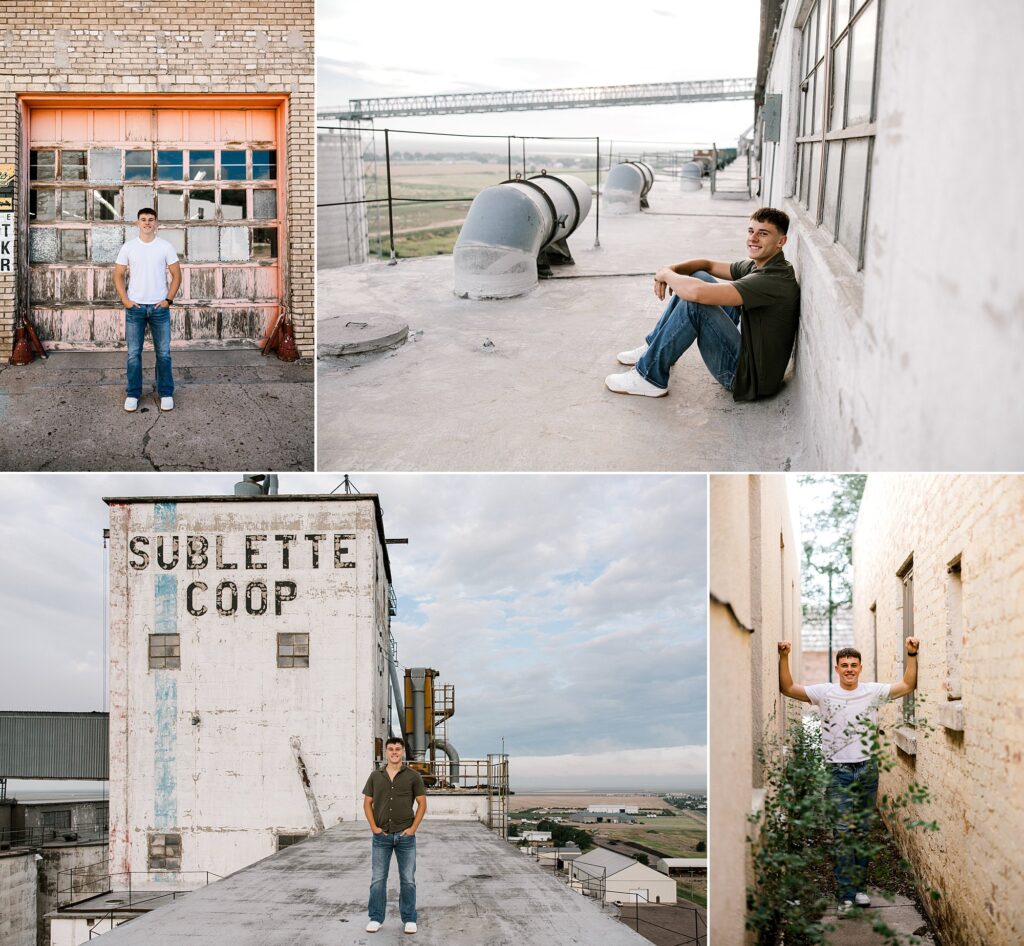 Captured by Mary Wiebe from Lubbock, TX is a senior standing between two buildings with his arms on the buildings