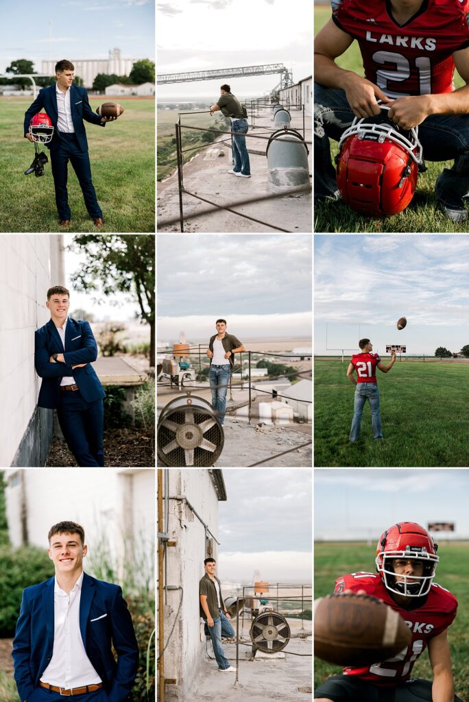 Mary Wiebe Photography captured the image of a senior boy on top of his hometown's elevator while resting on the rails looking out. 