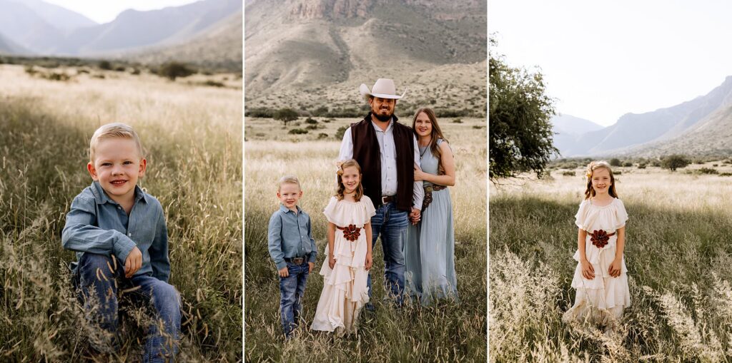 Mom, dad, brother, and sister are enjoying each other while being photographed in front of a mountain range. Lubbock photographer, Mary Wiebe took these images. 