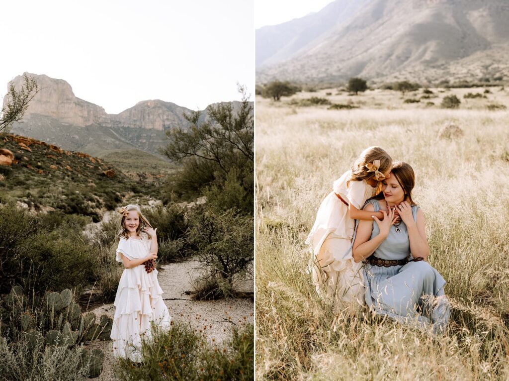 Lubbock family photographer captured an image of a mother and daughter together. Daughter is kissing her mom on the cheek while giving her a hug. 