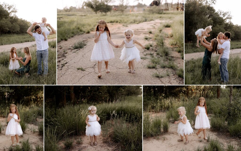 Family photos taken by Mary Wiebe in a stress-free session. Two sisters playing together; running and holding hands. 