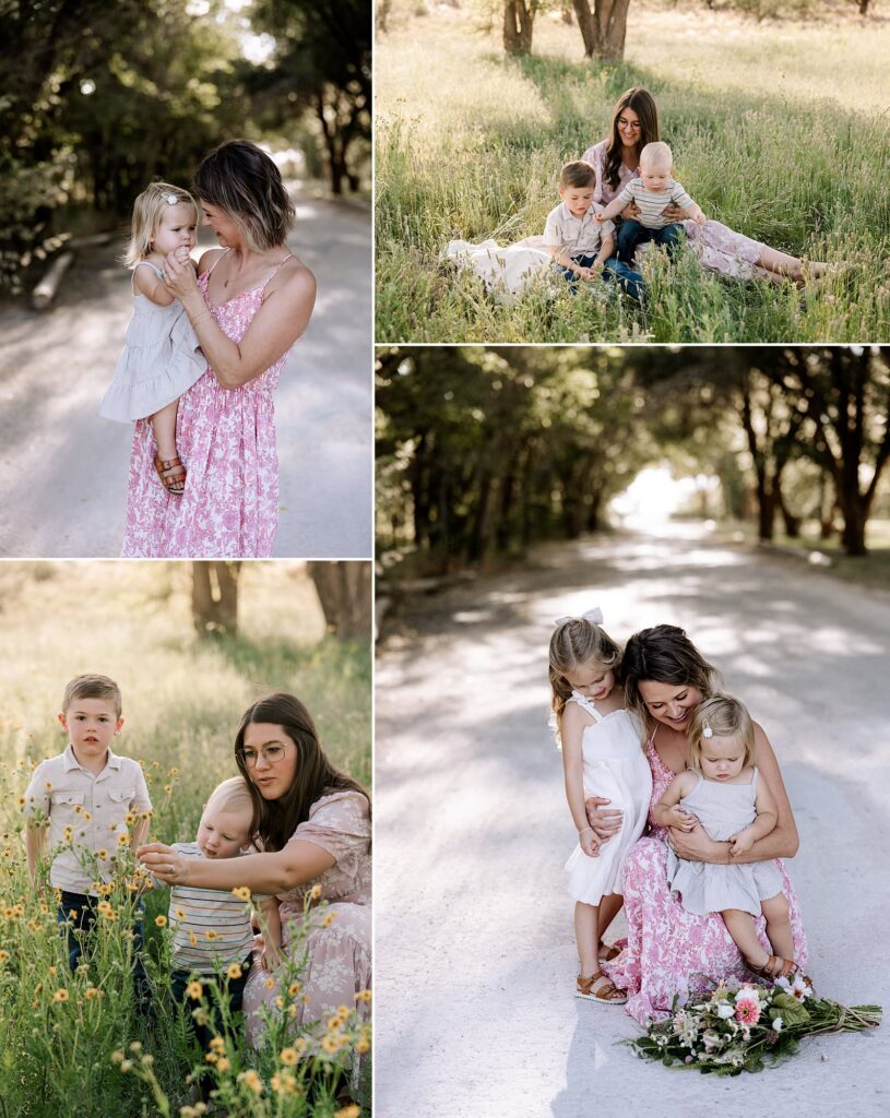 Mary Wiebe helps you style your photos so you know what to wear. in the photo, a young mom is wearing a pink, floral dress while hugging her two daughters. Captured by Mary Wiebe Photography. 