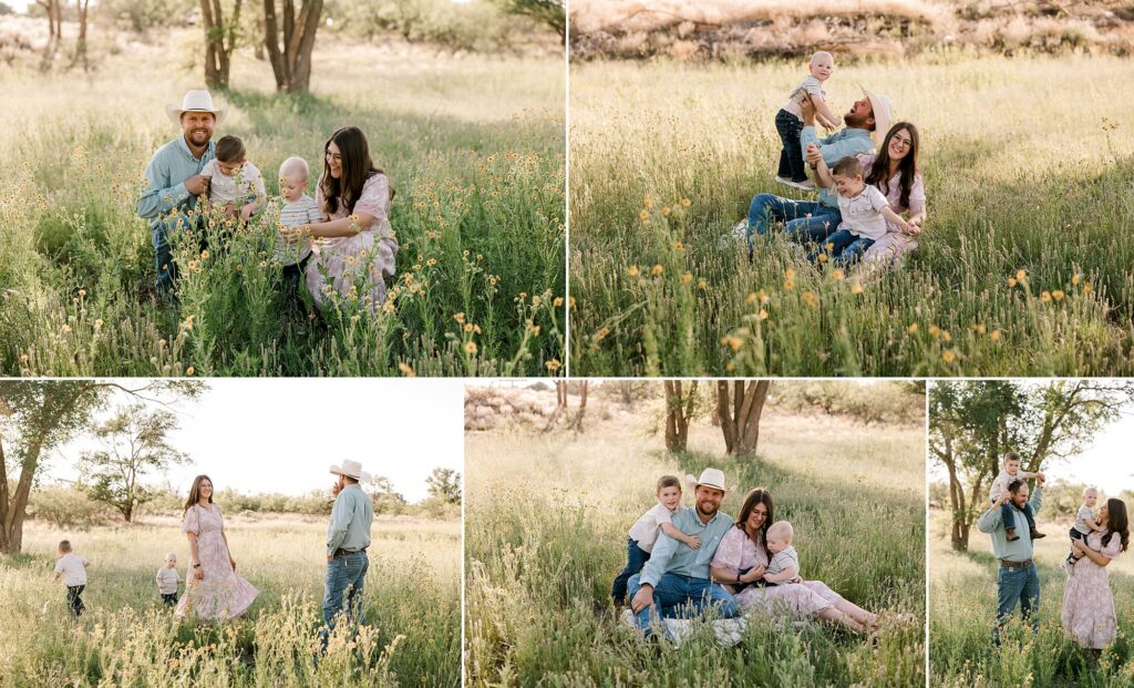 Mom and dad are each holding on of their sons while smiling and laughing. Captured by Lubbock family photographer, Mary Wiebe. 