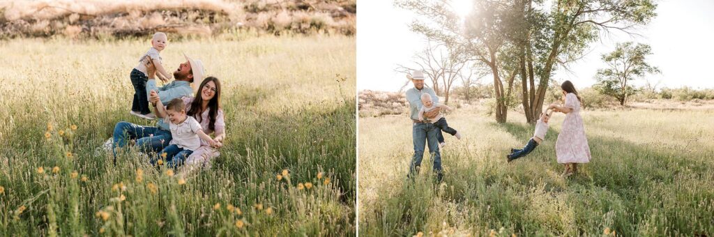 Family of four; mom, dad, and two brothers are sitting in the tall West Texas grasses. 