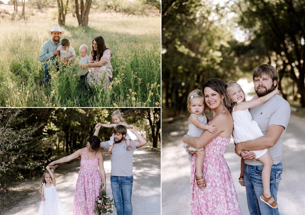 Mom is holding one of daughters' hands, and the dad is holding the other daughter on his shoulders. Taken by Mary Wiebe Photography. 