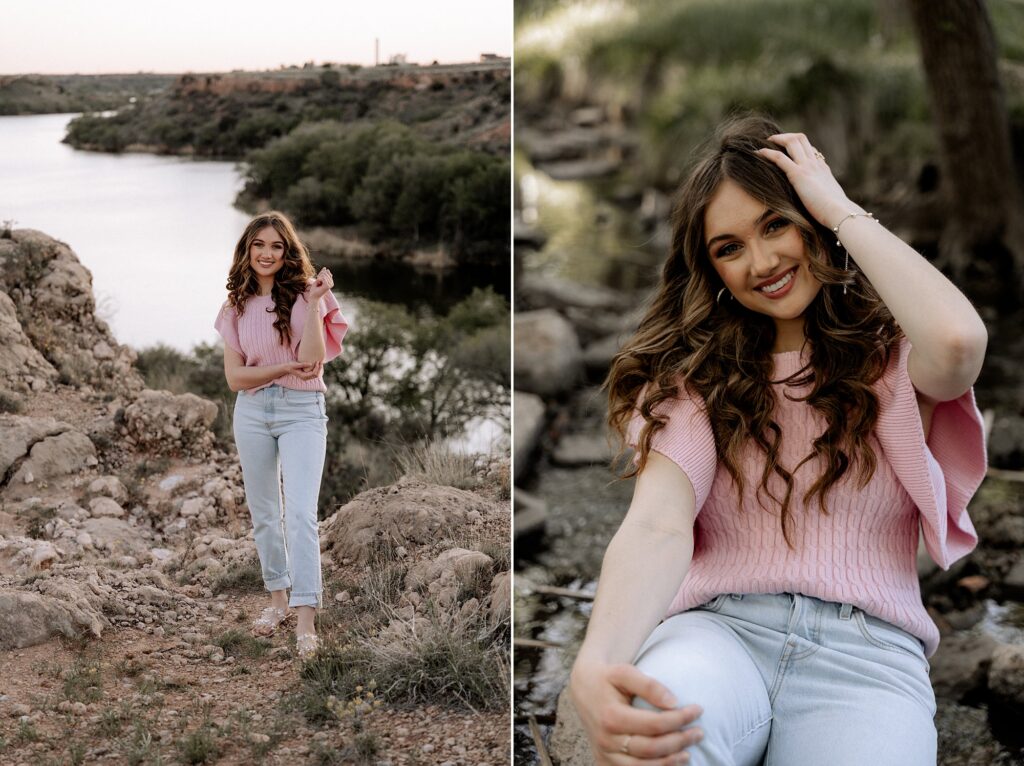 Lubbock senior photographer captured this senior girl standing on rocks, with river in the background. 