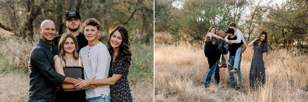 Family of five where there are two pairs of piggy back rides happening and mom is smiling. Lubbock Family Photographer, Mary Wiebe. 