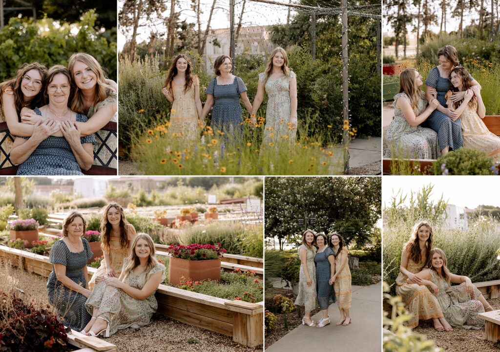 Mom and two daughters are sitting at the Texas Tech Horticulture Gardens where the flowers are blooming. 