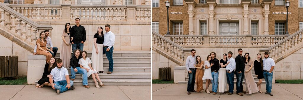 Large family session at the Texas Tech Campus where some family members are sitting on steps and some standing. All smiling and looking ahead. 