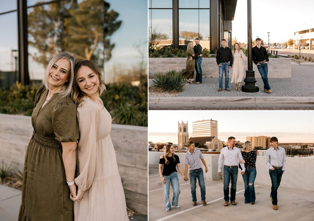Family of five standing on a rooftop holding hands and looking at each other. Taken at the Citizen Tower on Avenue K in Lubbock. 