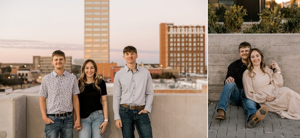 Sister and her husband, and brother on a rooftop smiling ahead where they are holding hands. 