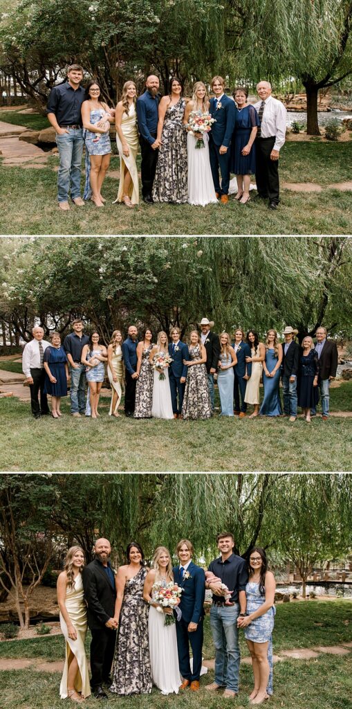 Large extended family photo at The Willows Garden in Lubbock, TX. Bride, her family, husband, and his family are in the photo all standing in a line and holding each other. 