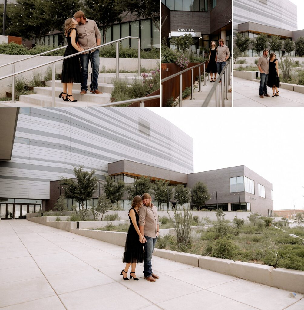 Couple photographed at the Buddy Holly Hall kissing each other on the stairs. Captured by Lubbock Photographer, Mary Wiebe. 