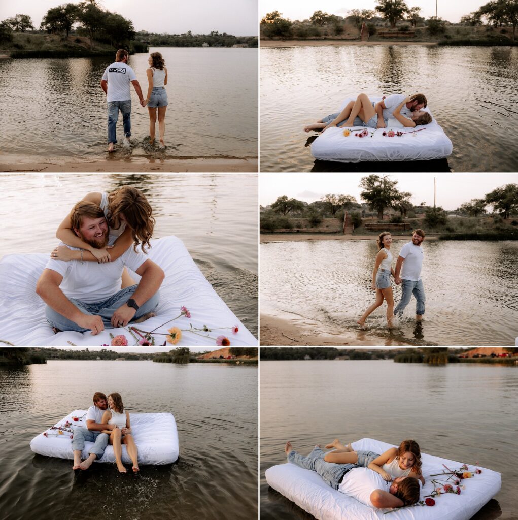 Couple is on an air mattress that is on the water at Buffalo Springs Lake. Couple is laughing and cuddling, captured by Mary Wiebe Photography. 