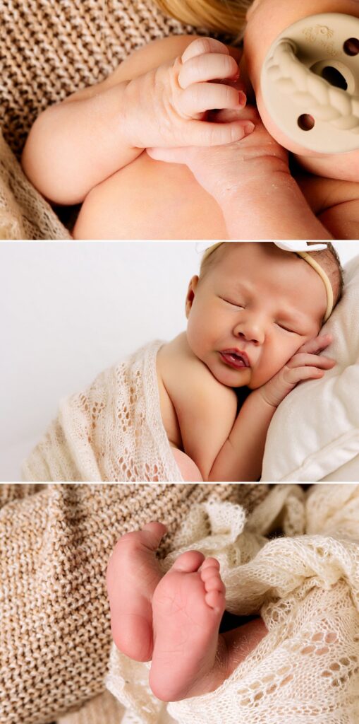 Detail photo at a newborn session. Little hands and feet of the newborn baby are featured. 