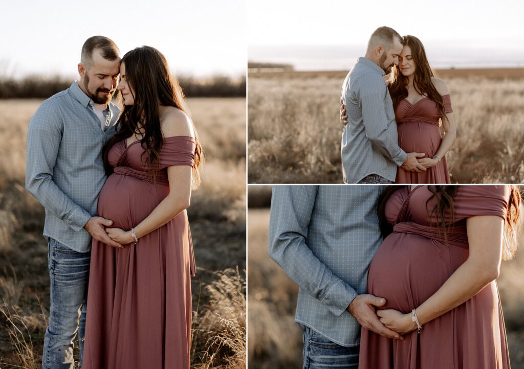 Close up picture of mom and dad holding mom's belly during this maternity session captured by Mary Wiebe Photography.