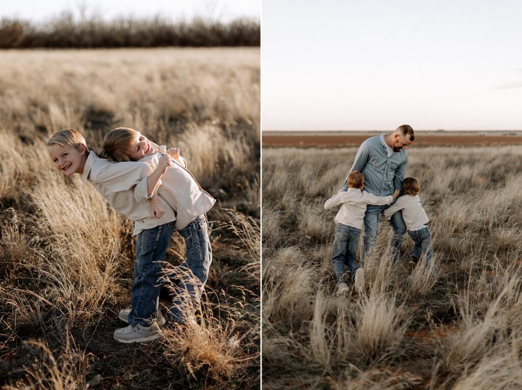 Two little brothers are playing and running with their dad in the tall grasses during a maternity session.