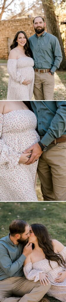 Photo is zoomed in on the husband and wife holding her belly during a spring maternity session in Lubbock, Texas. 