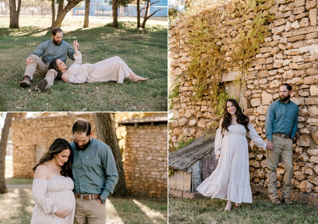Husband sitting on the ground while his wife is laying on the ground with her head resting on him. This is a spring maternity session guiding you on what to wear for your session. 