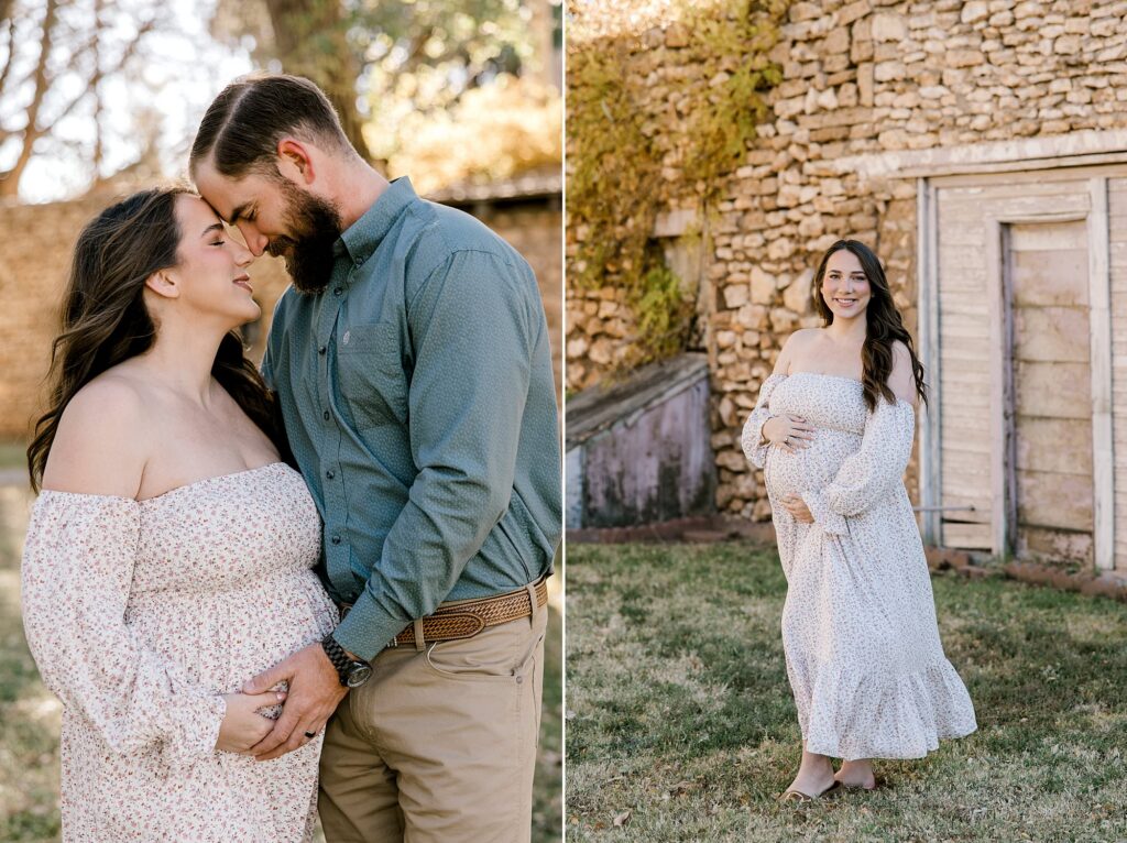 Soon to be mom holding her belly in a long flowy skirt during her spring maternity session. 