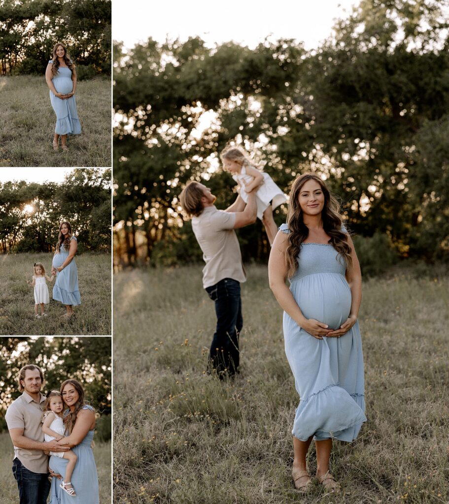 Mom holding her belly while dad is holding their daughter up in the air. Captured by Mary Wiebe Photography. 