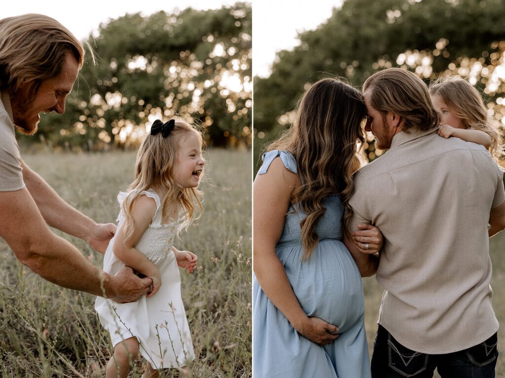 Dad holding his daughter while she is running at this maternity session. 