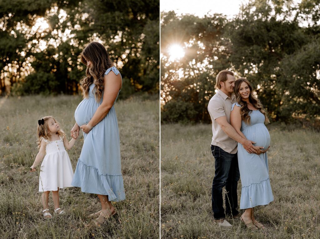 Husband and wife are smiling and looking at the camera at golden hour in Lubbock, Texas. 