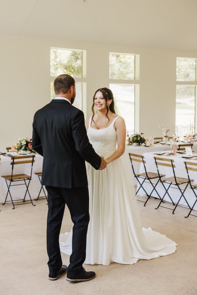 First look with bride and her dad. Merrick Hollow Wedding venue