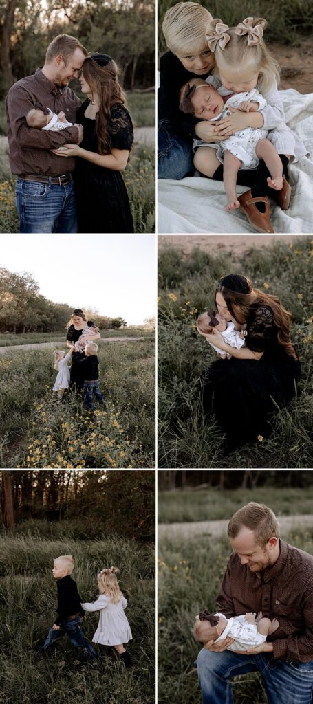 Baby brother and sister are holding their newborn sister. Captured by Mary Wiebe Photography. 