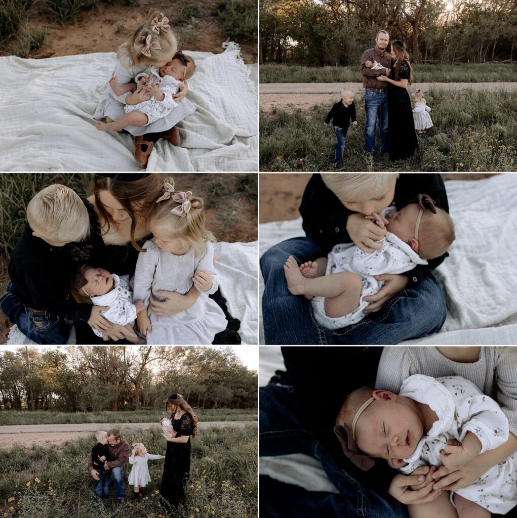 Baby brother is holding his newborn sister on a blanket during this outdoor session. 