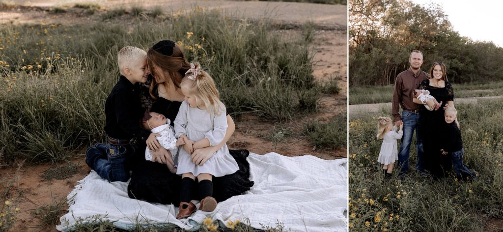 During this outdoor newborn session mom is holding her newborn and two children on a blanket in Lubbock, TX. 