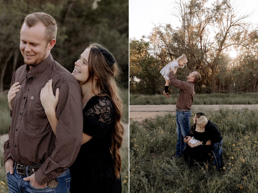 Photograph of mom and dad smiling and standing in the grasses during this outdoor newborn session. Taken by Lubbock Newborn Photographer, Mary Wiebe. 