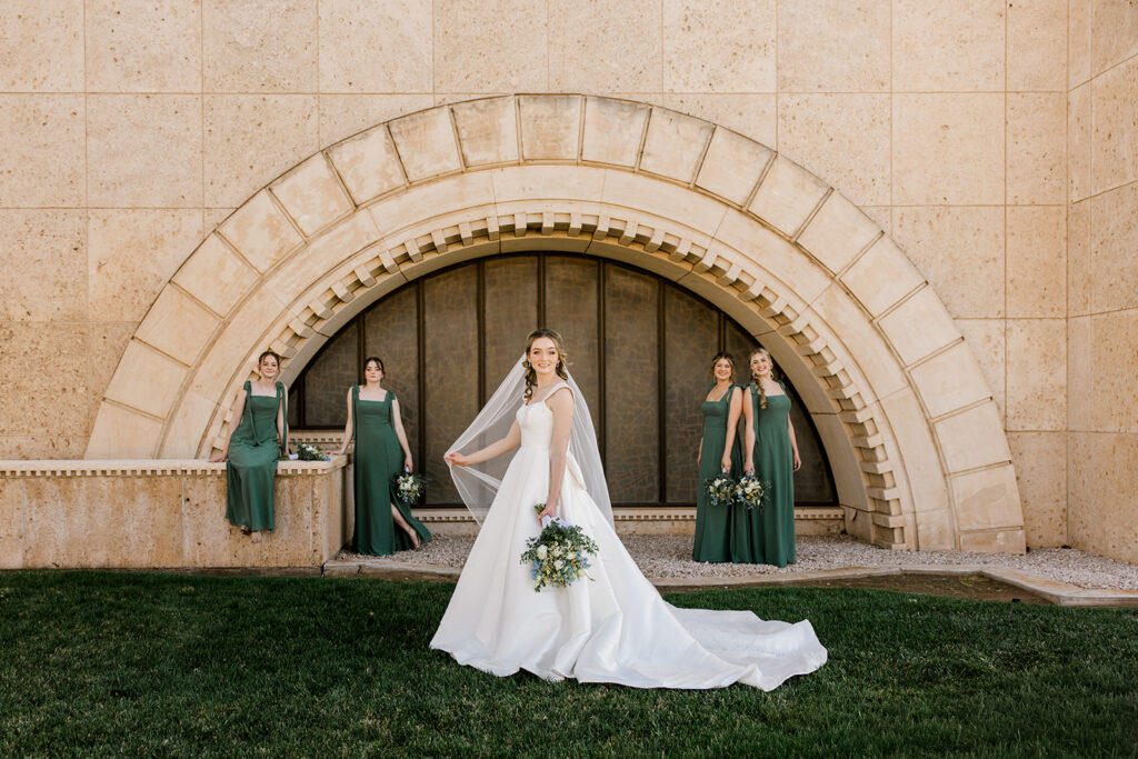 Bride and bridesmaids portrait at the MS Doss chapel in Seminole, Texas.

