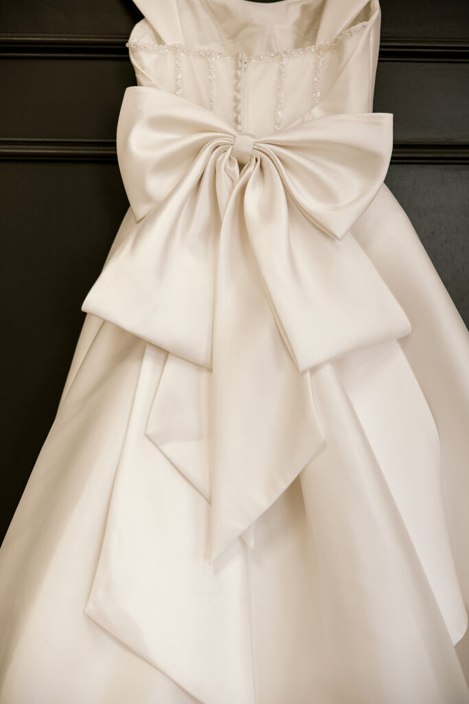 Back of the wedding dress, featuring the huge bow.