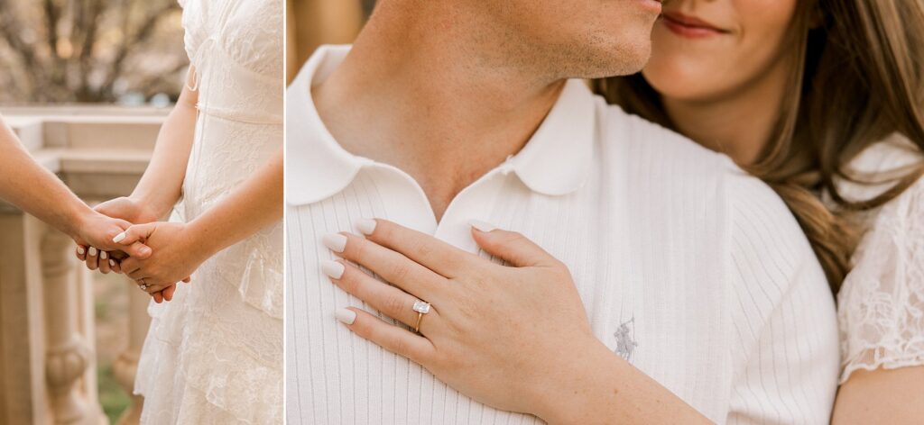 Engagement session photo detail shot of the ring with the woman holding her hand on his chest.