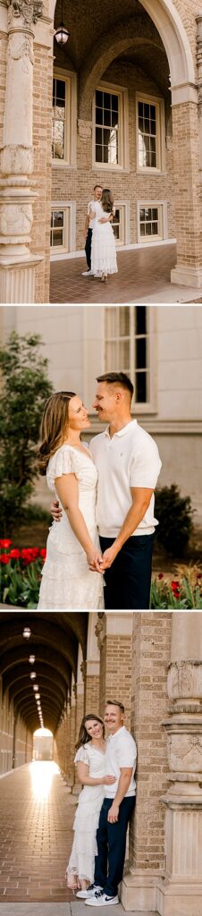 Couple standing together in front of a bed of roses while holding hands. This engagement session was captured by Mary Wiebe Photography.