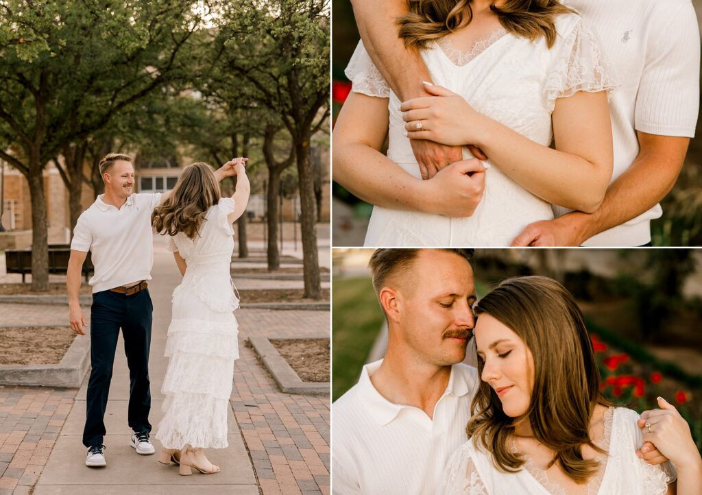 Future husband is spinning his wife in a circle while she twirls around him in Lubbock, TX.